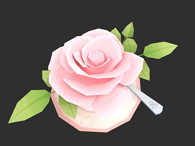 Pink Rose Shaped Ceramic Vessel With Green Leaves And Silver Spoon 3d model