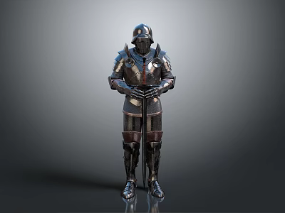 Medieval Knight Armor Standing Full Body With Metallic Shiny Surface And Sword 3d model