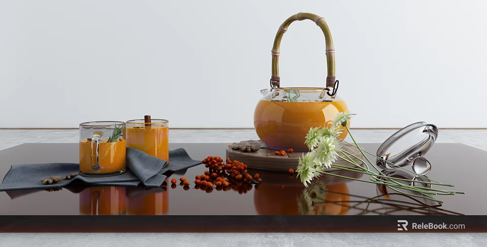 Glass Teapot with Bamboo Handle Cups Sea Buckthorn Berries and White Flowers on Dark Table 3d model 
