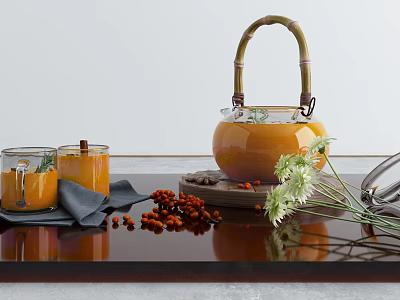 Glass Teapot with Bamboo Handle Cups Sea Buckthorn Berries and White Flowers on Dark Table 3d model