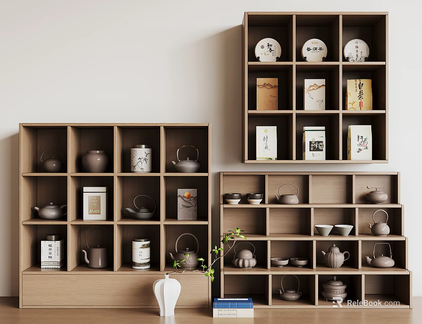 Wooden Storage Shelf Unit with Tea Sets Cups and Decorative Boxes 3d model 