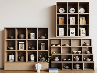 Wooden Storage Shelf Unit with Tea Sets Cups and Decorative Boxes 3d model