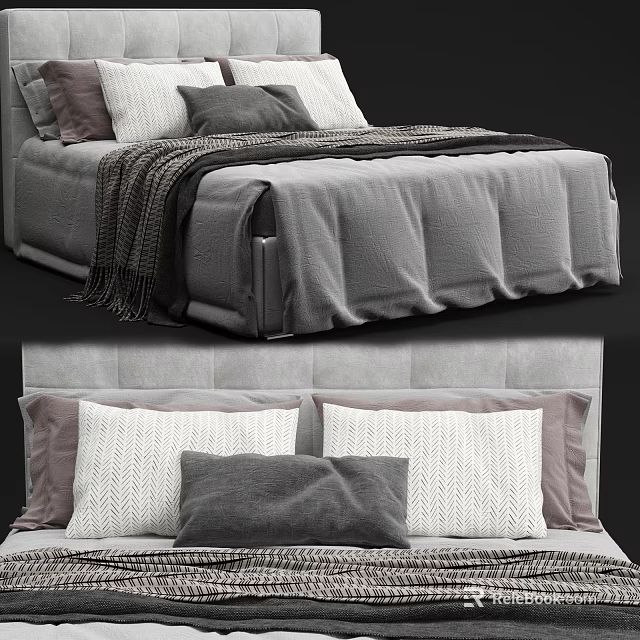 Modern Double Bed Design With Gray Bedding Knitted Blanket And Decorative Pillows 3d model