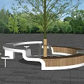 Curved White And Wooden Landscape Seating Around Tree In Green Outdoor Area