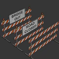 Orange And White Traffic Barriers With Road Closed And Bridge Out Signs