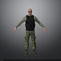 Bald Man Wearing Sunglasses Camouflage Shirt Black Tactical Vest Pants And Boots With Arms Outstretched
