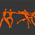 Orange Human Figures Holding Hands In Circle With Leaping Poses On Gray Reflective Floor