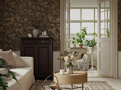 Living Room With Floral Wallpaper White Sofa Dark Cabinet Round Coffee Table And Potted Plants 3d model