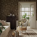 Living Room With Floral Wallpaper White Sofa Dark Cabinet Round Coffee Table And Potted Plants