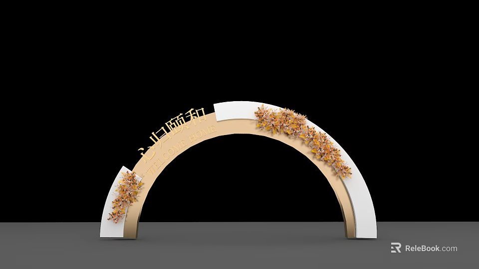 Arch Shaped Event Entrance Gate With Light Fest Text And Golden Decorative Flowers 3d model 
