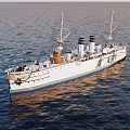 Vintage White Yacht With Gold Accents Sailing On Ocean Under Cloudy Sky