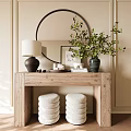 Natural Wooden Console Table And Side Cabinet With Round Mirror Green Plant And Stacked Cushions