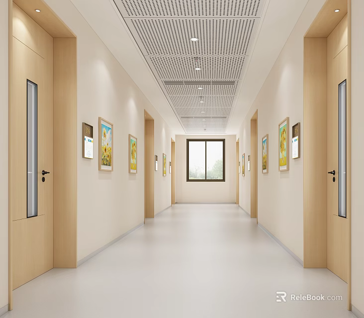 Modern Elevator Hallway With Wooden Doors Glass Panels Artworks Grille Ceiling And Window 3d model 