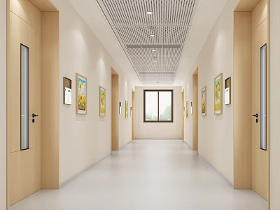 Modern Elevator Hallway With Wooden Doors Glass Panels Artworks Grille Ceiling And Window 3d model