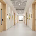 Modern Elevator Hallway With Wooden Doors Glass Panels Artworks Grille Ceiling And Window