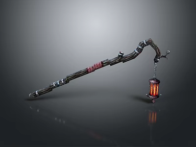 Decorative Wooden Staff With Carved Handle And Hanging Red Illuminated Lantern 3d model
