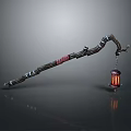 Decorative Wooden Staff With Carved Handle And Hanging Red Illuminated Lantern
