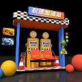 Workplace Gas Station Scene With Gas Pumps Colorful Balls And Traffic Cones