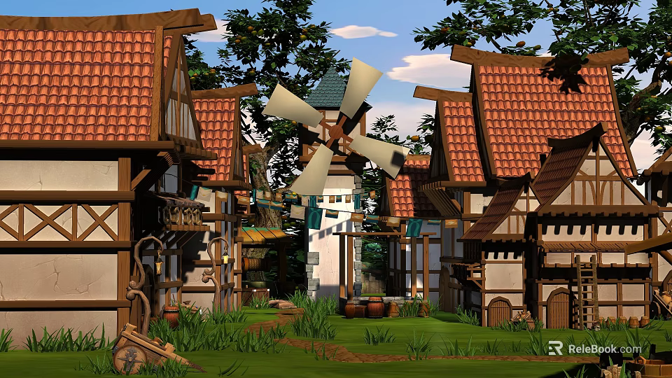 Cartoon Village Scene With Red Tiled Roofs Wooden Houses Windmill And Green Grass 3d model 