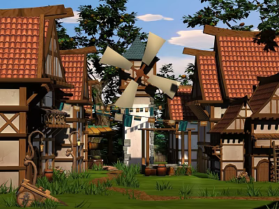 Cartoon Village Scene With Red Tiled Roofs Wooden Houses Windmill And Green Grass 3d model