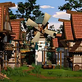 Cartoon Village Scene With Red Tiled Roofs Wooden Houses Windmill And Green Grass