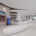 Elegant Modern Bank Interior Design With Curved Reception Desk Red Stools And Brand Logo