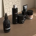 Perfume Cosmetics Collection Black Spray Bottles And Jars On Wooden Tabletop With Decorative Wall Art