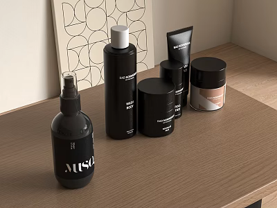 Perfume Cosmetics Collection Black Spray Bottles And Jars On Wooden Tabletop With Decorative Wall Art 3d model