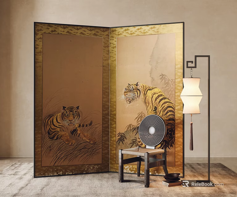 Floor Lamp In Room With Tiger Screen And Small Stool 3d model