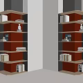 Modern Red And Dark Bookcase Interior Design With Layered Shelves Books And Decorations