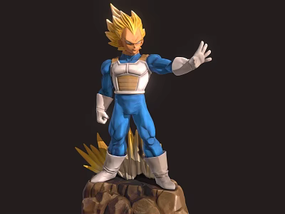 Golden Spiky Haired Blue Costume Doll With White Gloves Boots And Rock Base Stand 3d model