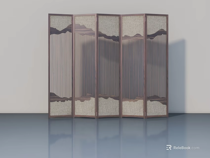 Multi Panel Wooden Swing Door With Mountain Design And Vertical Slats 3d model