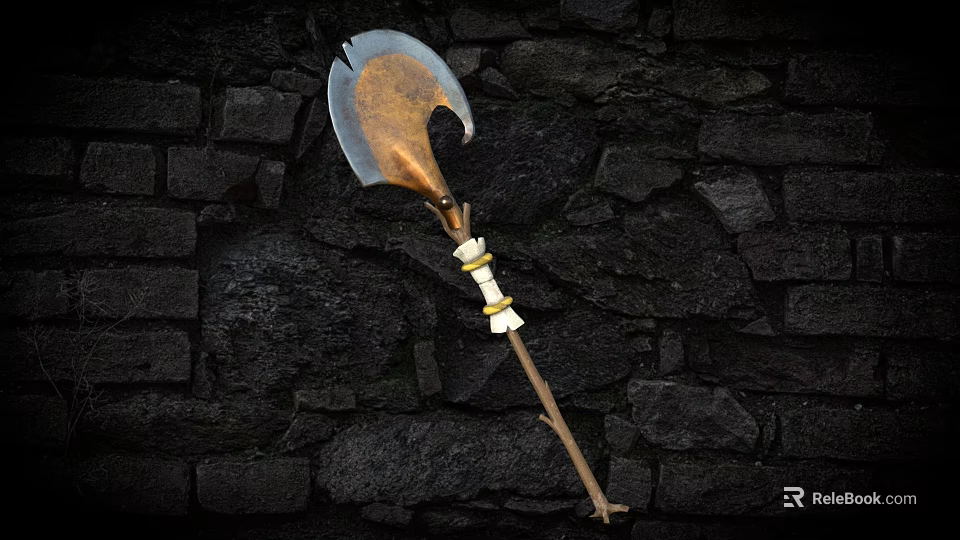 Rustic Axe With Metal Blade And Wooden Handle Leaning Against Stone Wall 3d model 