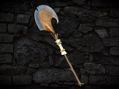 Rustic Axe With Metal Blade And Wooden Handle Leaning Against Stone Wall 3d model