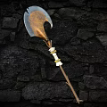 Rustic Axe With Metal Blade And Wooden Handle Leaning Against Stone Wall