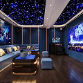 Modern KTV Room Interior With Starry Ceiling Comfortable Sofa Coffee Table And Large TV Screens