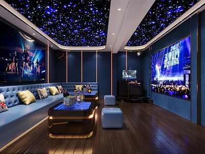 Modern KTV Room Interior With Starry Ceiling Comfortable Sofa Coffee Table And Large TV Screens 3d model