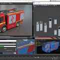 Red Fire Truck Featuring Blue Emergency Lights Yellow Stripes Silver Side Panels and Logo