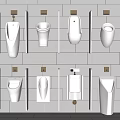 Various Modern Urinal Designs Displayed On White Tiled Wall In Bathroom 3d model