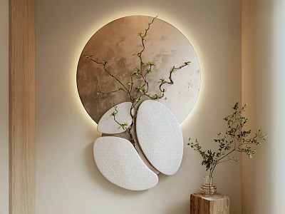 Stylish Wall Decor with Circular Illuminated Design Branch Accent and Small Plant on Wooden Base 3d model
