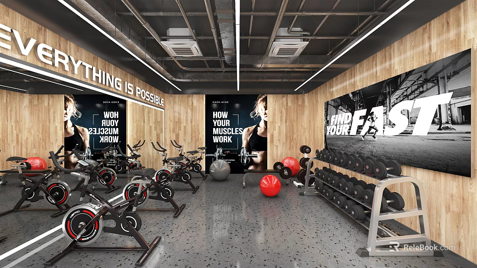 Modern Fitness Gym Interior With Spin Bikes Dumbbells Exercise Balls And Motivational Posters 3d model 