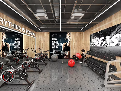 Modern Fitness Gym Interior With Spin Bikes Dumbbells Exercise Balls And Motivational Posters 3d model