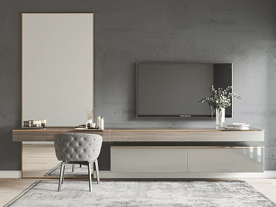 Modern TV Stand With TV Mirror Gray Chair Plant And Decorations On Gray Wall 3d model