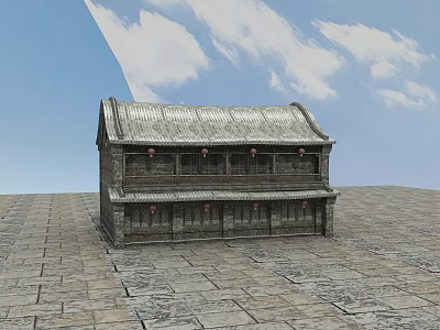 Ancient Architecture Two Story Building With Grey Tiled Roof Stone Walls And Carved Details 3d model