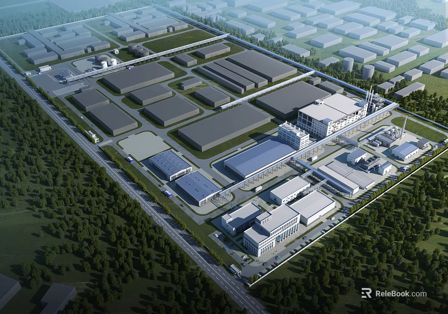 Industrial Factory Aerial View With Multiple Buildings Greenery And Road Network 3d model 