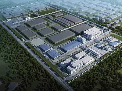 Industrial Factory Aerial View With Multiple Buildings Greenery And Road Network 3d model