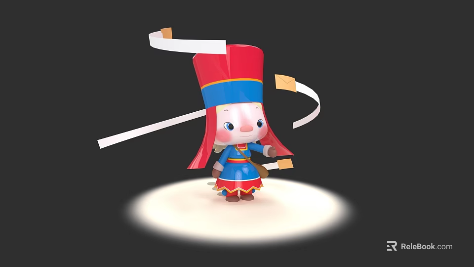 Animated Game Movie Character With Red Tall Hat Blue Outfit And Flowing Ribbons In Spotlight 3d model 