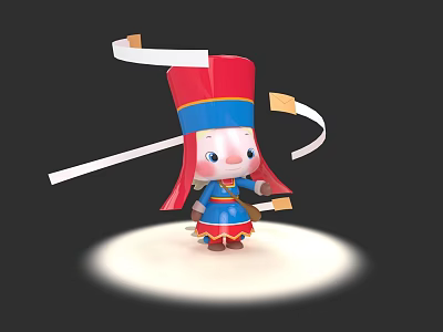 Animated Game Movie Character With Red Tall Hat Blue Outfit And Flowing Ribbons In Spotlight 3d model