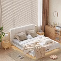 Soft Padded Double Bed With Natural Solid Wood Frame For Bright Warm Cozy Bedroom Interior