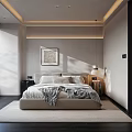 Minimalist Bedroom Interior Design With Beige Bed Gray Blanket Bedside Lamps And Framed Painting
